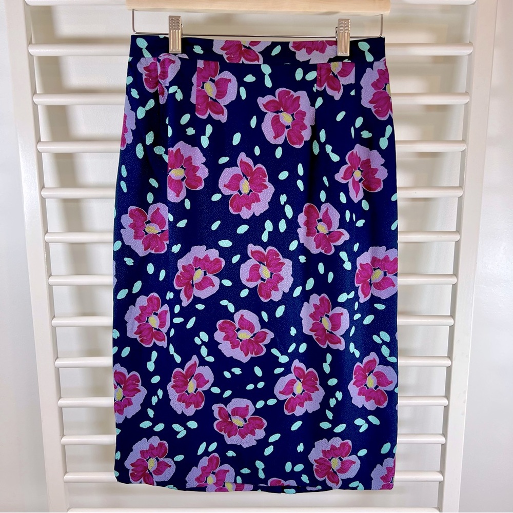 Vintage 100% Silk Floral Midi Skirt, Made in Korea, VTG Size 10, US 4/6
